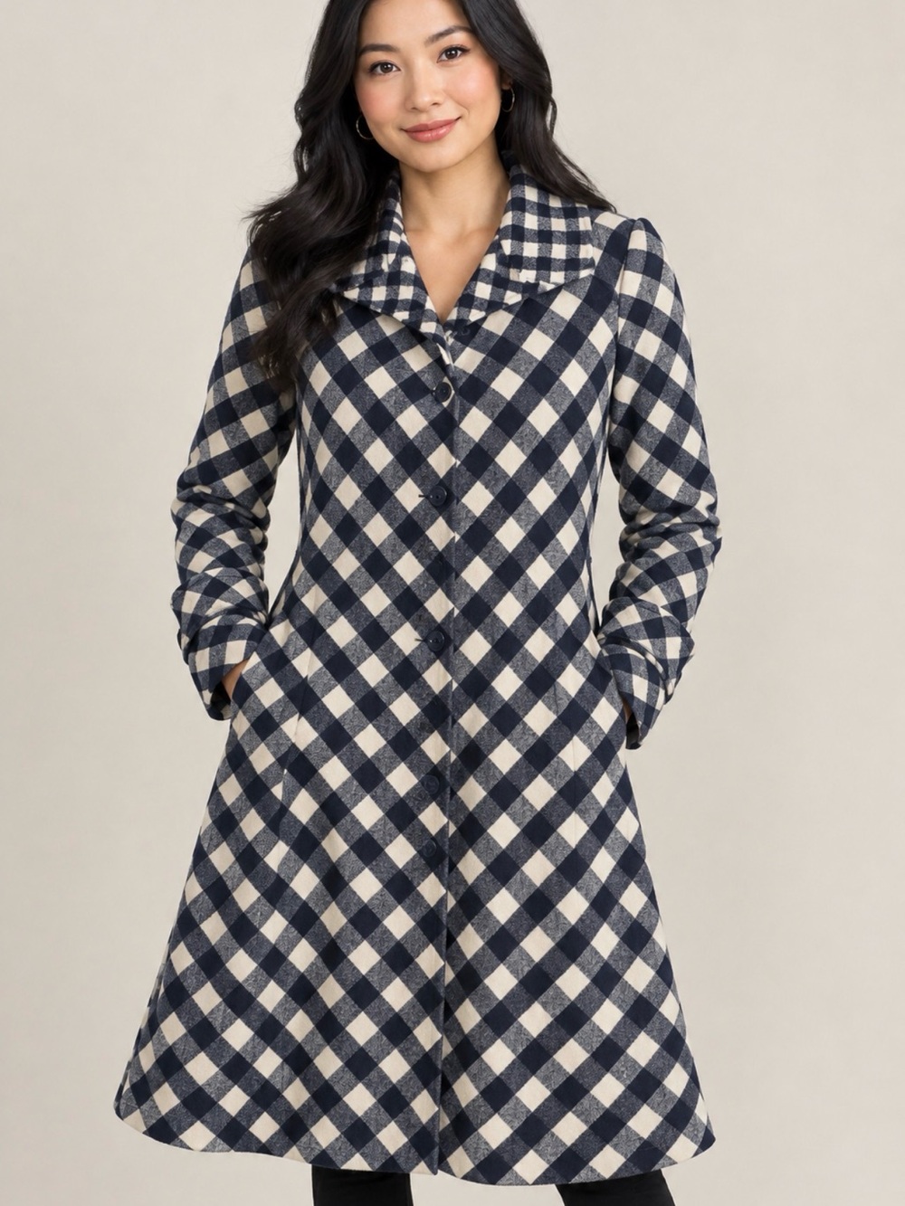 Women's Navy and Cream Plaid A-Line Coat